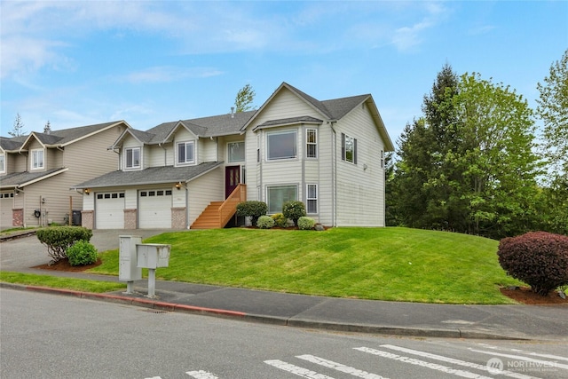 townhome / multi-family property with an attached garage, a front lawn, brick siding, and concrete driveway