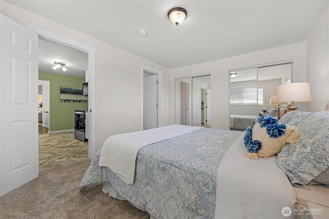 carpeted bedroom with two closets