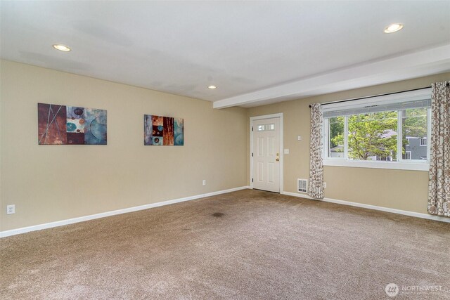 carpeted empty room with recessed lighting, baseboards, and visible vents