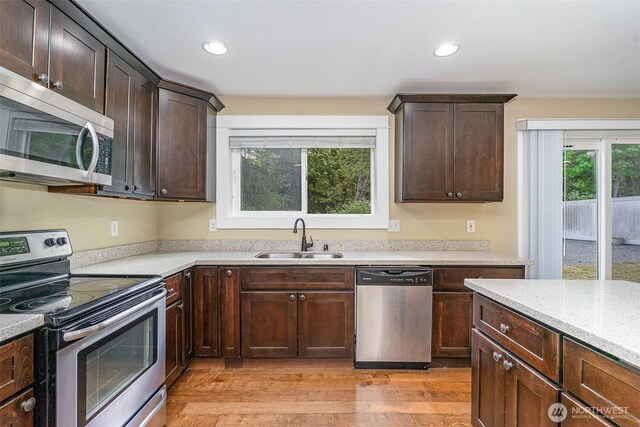kitchen with dark brown cabinets, recessed lighting, a sink, light wood finished floors, and appliances with stainless steel finishes