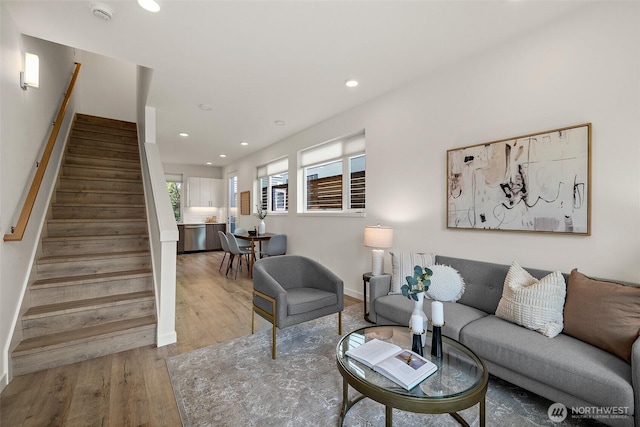 2414 NW 64th St Unit A, Seattle, WA 98107 - living area featuring wood finished floors, stairway, recessed lighting, and baseboards