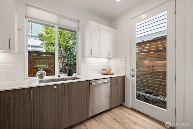 2414 NW 64th St Unit A, Seattle, WA 98107 - kitchen featuring stainless steel dishwasher, a sink, white cabinetry, and light countertops