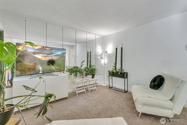 sitting room featuring baseboards, a baseboard heating unit, and light carpet