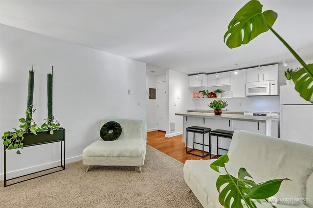 living room featuring baseboards, wood finished floors, and visible vents