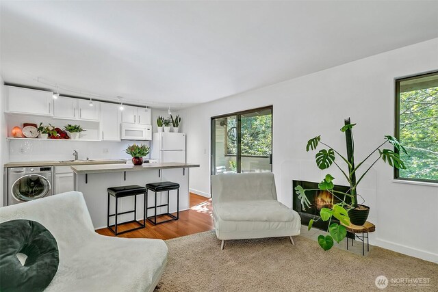 living room featuring baseboards, washer / dryer, track lighting, and a wealth of natural light