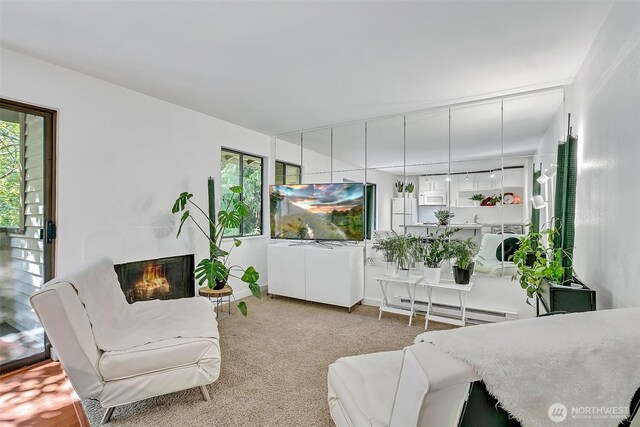 carpeted living room with a warm lit fireplace, a baseboard heating unit, and plenty of natural light