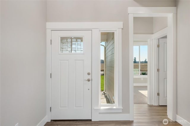 foyer entrance featuring baseboards, plenty of natural light, and wood finished floors