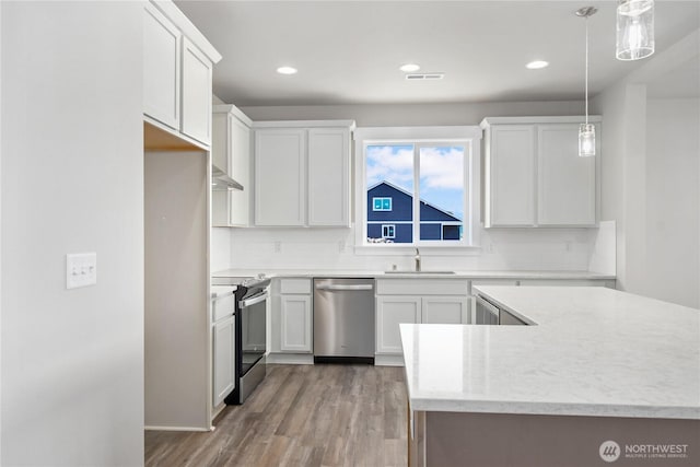 kitchen with a sink, stainless steel appliances, recessed lighting, and wood finished floors