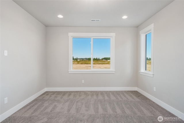 spare room featuring carpet floors, plenty of natural light, and visible vents