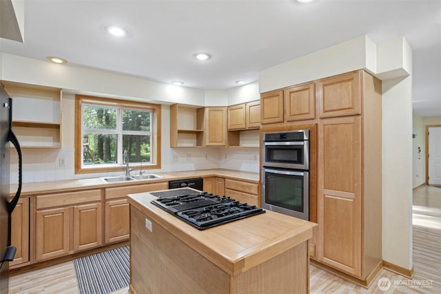 15845 118th Ln SE, Yelm, WA 98597 - kitchen featuring open shelves, a sink, light brown cabinetry, and black appliances