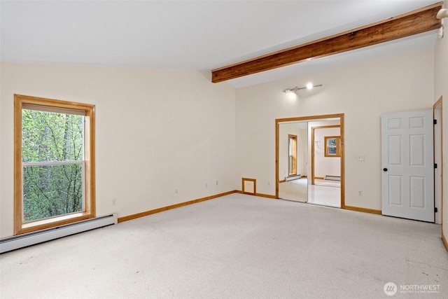 15845 118th Ln SE, Yelm, WA 98597 - spare room with baseboards, baseboard heating, light colored carpet, vaulted ceiling with beams, and a baseboard heating unit