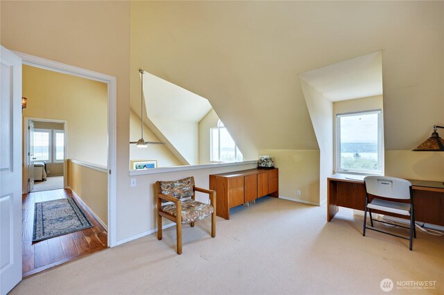 1664 Shine Rd, Port Ludlow, WA 98365 - carpeted home office featuring plenty of natural light, vaulted ceiling, baseboards, and ceiling fan