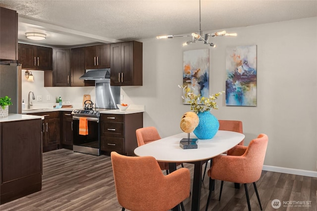kitchen with appliances with stainless steel finishes, a sink, a textured ceiling, dark wood-type flooring, and under cabinet range hood