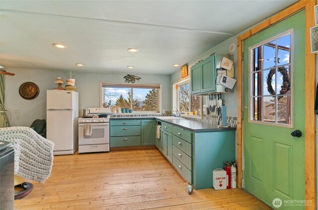 kitchen with a sink, green cabinetry, a wealth of natural light, and white appliances