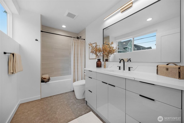 full bath with visible vents, vanity, toilet, recessed lighting, and shower / bath combo