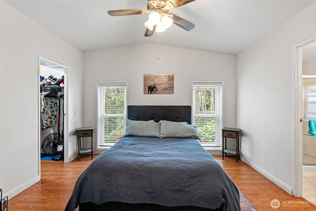 bedroom with light wood-style flooring, vaulted ceiling, and multiple windows