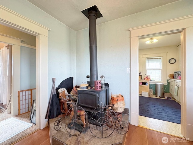 detailed view of a wood stove and wood finished floors