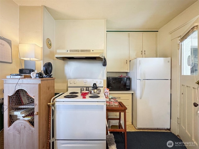 kitchen featuring white appliances and under cabinet range hood