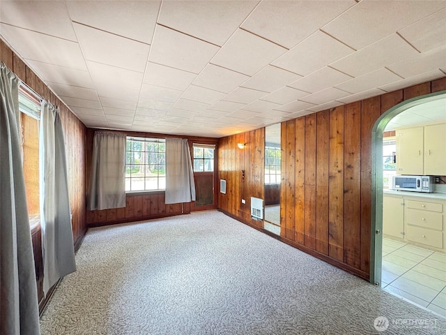 empty room with wood walls, arched walkways, light colored carpet, and heating unit