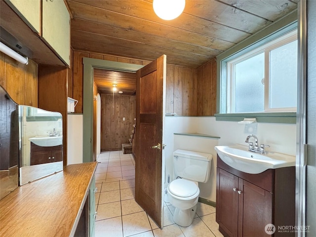 bathroom featuring wooden ceiling, vanity, tile patterned flooring, and toilet