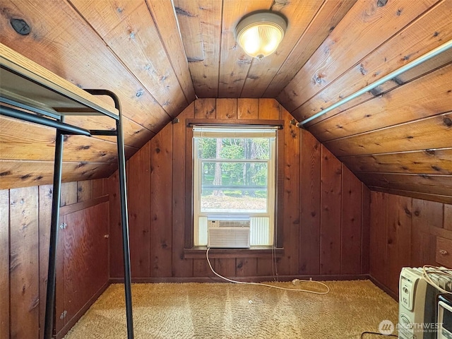 bonus room featuring wood walls, vaulted ceiling, cooling unit, carpet, and wood ceiling