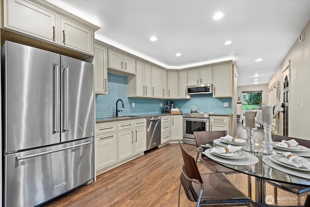 19542 6th Ave NE, Shoreline, WA 98155 - kitchen with recessed lighting, tasteful backsplash, a sink, dark wood finished floors, and stainless steel appliances