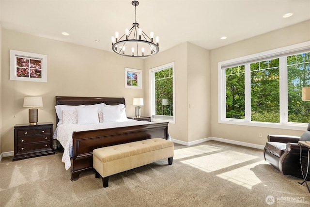 24270 SE 147th Pl, Issaquah, WA 98027 - bedroom with carpet flooring, baseboards, multiple windows, a chandelier, and recessed lighting