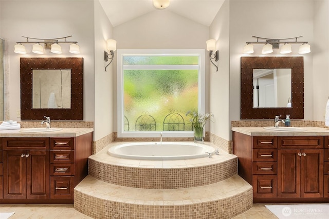 24270 SE 147th Pl, Issaquah, WA 98027 - full bathroom with a garden tub, two vanities, tile patterned flooring, and vaulted ceiling