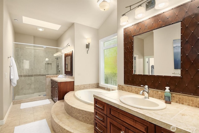 24270 SE 147th Pl, Issaquah, WA 98027 - bathroom with a skylight, a bath, a shower stall, two vanities, and vaulted ceiling