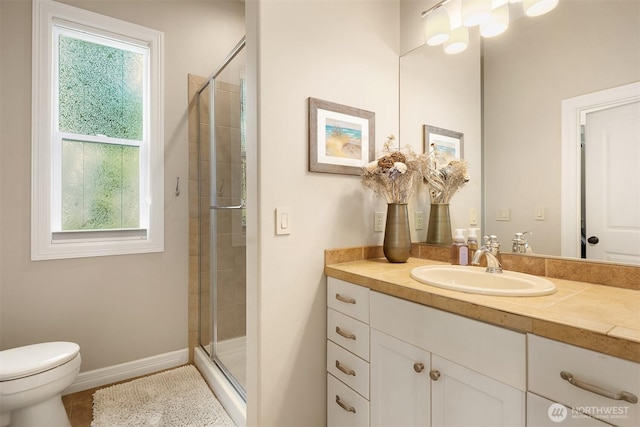 24270 SE 147th Pl, Issaquah, WA 98027 - bathroom featuring a stall shower, toilet, vanity, and baseboards