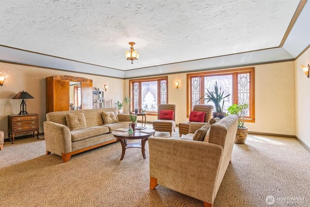 living area with light carpet, a textured ceiling, and baseboards