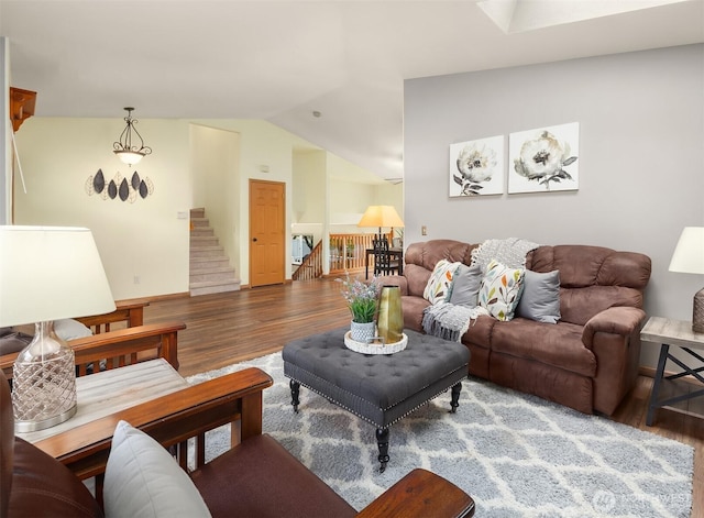 27627 NE 140th Pl, Duvall, WA 98019 - living area with stairway, vaulted ceiling, and wood finished floors