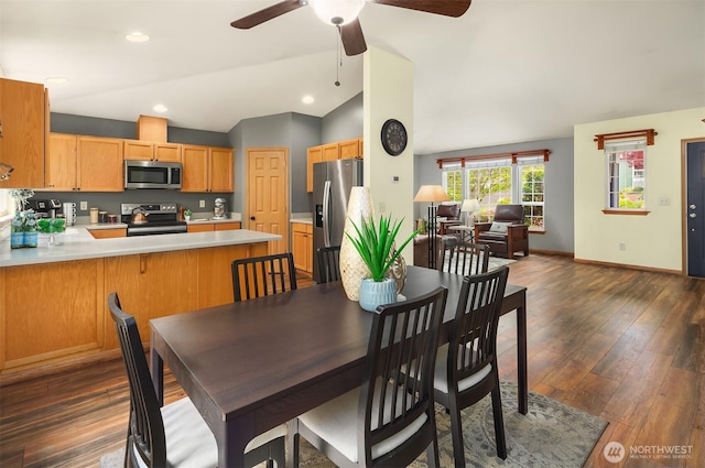 27627 NE 140th Pl, Duvall, WA 98019 - dining space with ceiling fan, recessed lighting, baseboards, lofted ceiling, and dark wood-type flooring