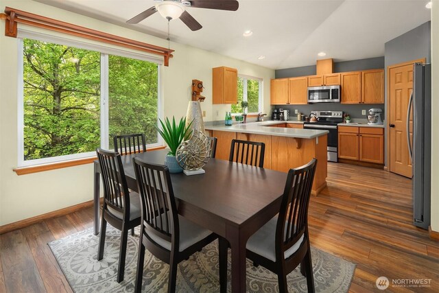 27627 NE 140th Pl, Duvall, WA 98019 - dining space with recessed lighting, baseboards, ceiling fan, and dark wood finished floors