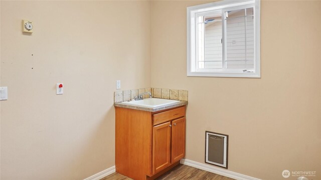 bathroom featuring a sink, baseboards, and wood finished floors