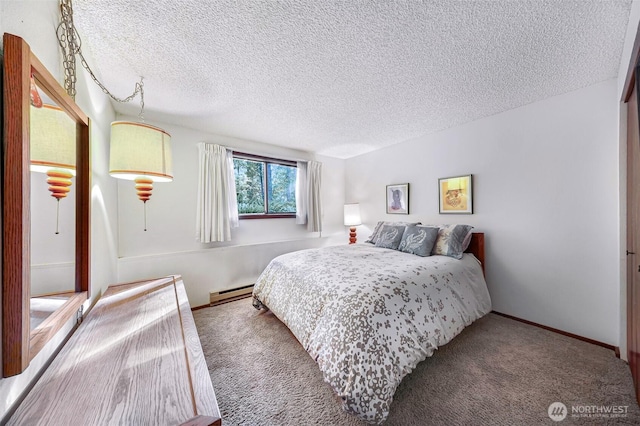 bedroom featuring baseboards, carpet flooring, a textured ceiling, and baseboard heating