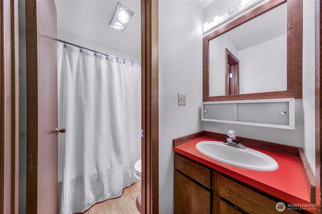 bathroom featuring vanity, wood finished floors, and toilet