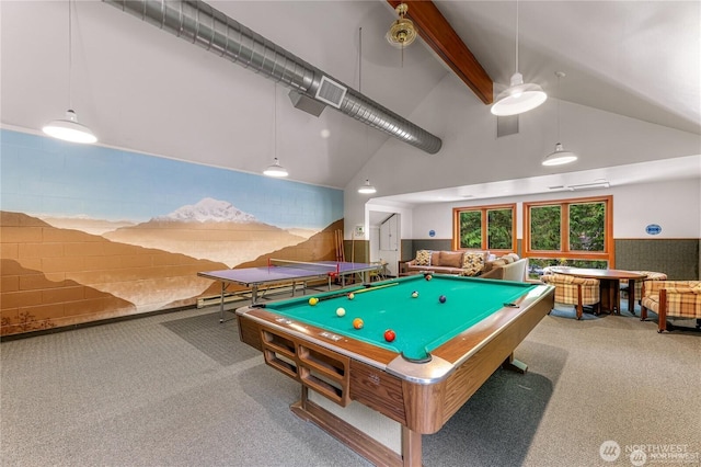 rec room featuring carpet floors, high vaulted ceiling, billiards, beamed ceiling, and visible vents