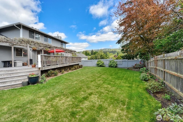 3506 S Grace Ln, Bellingham, WA 98226 - view of yard featuring a fenced backyard, a wooden deck, and a pergola