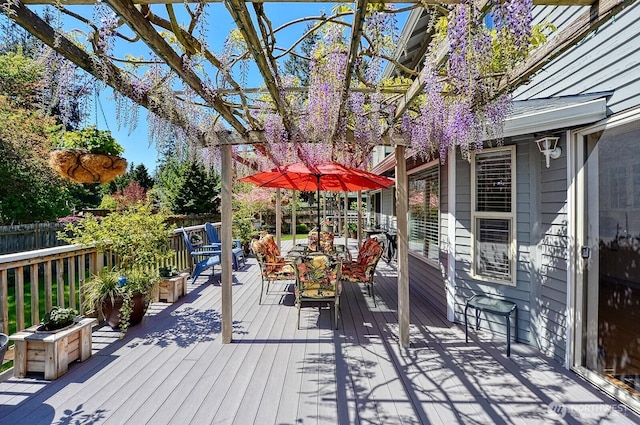 3506 S Grace Ln, Bellingham, WA 98226 - wooden terrace featuring outdoor dining area and fence