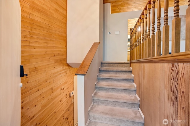 stairway with wooden walls