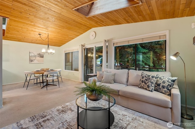 living room with baseboards, carpet flooring, vaulted ceiling with skylight, and wooden ceiling