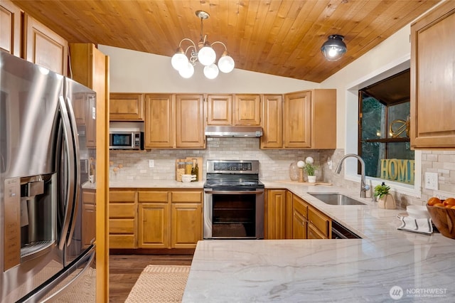 kitchen featuring a sink, a chandelier, stainless steel appliances, tasteful backsplash, and under cabinet range hood