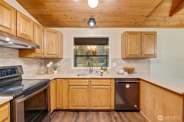 kitchen featuring appliances with stainless steel finishes, a sink, wooden ceiling, light countertops, and under cabinet range hood