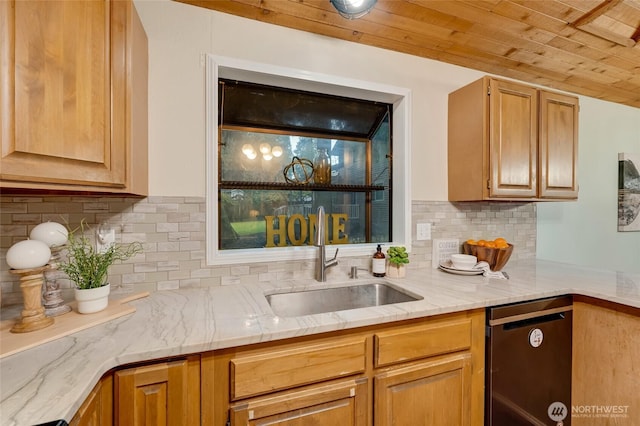 bar with decorative backsplash, wooden ceiling, and a sink