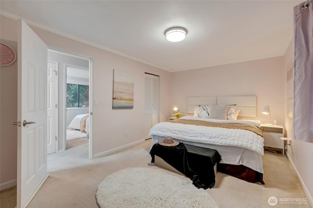 bedroom with crown molding, baseboards, and light carpet