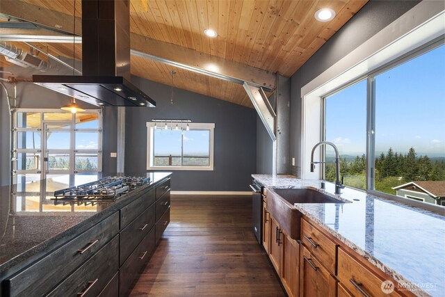 kitchen with a sink, recessed lighting, island range hood, wooden ceiling, and dark wood-style floors