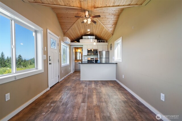 unfurnished living room with wood ceiling, a ceiling fan, baseboards, dark wood finished floors, and lofted ceiling