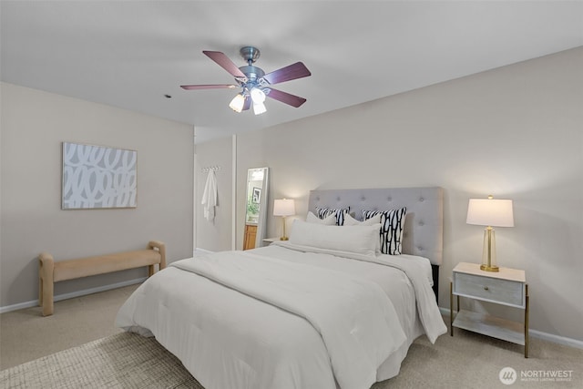 bedroom with baseboards, ceiling fan, and light colored carpet