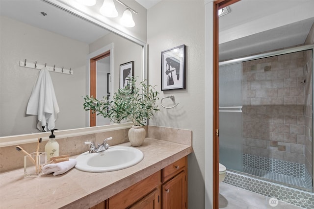 bathroom with vanity, a stall shower, and toilet